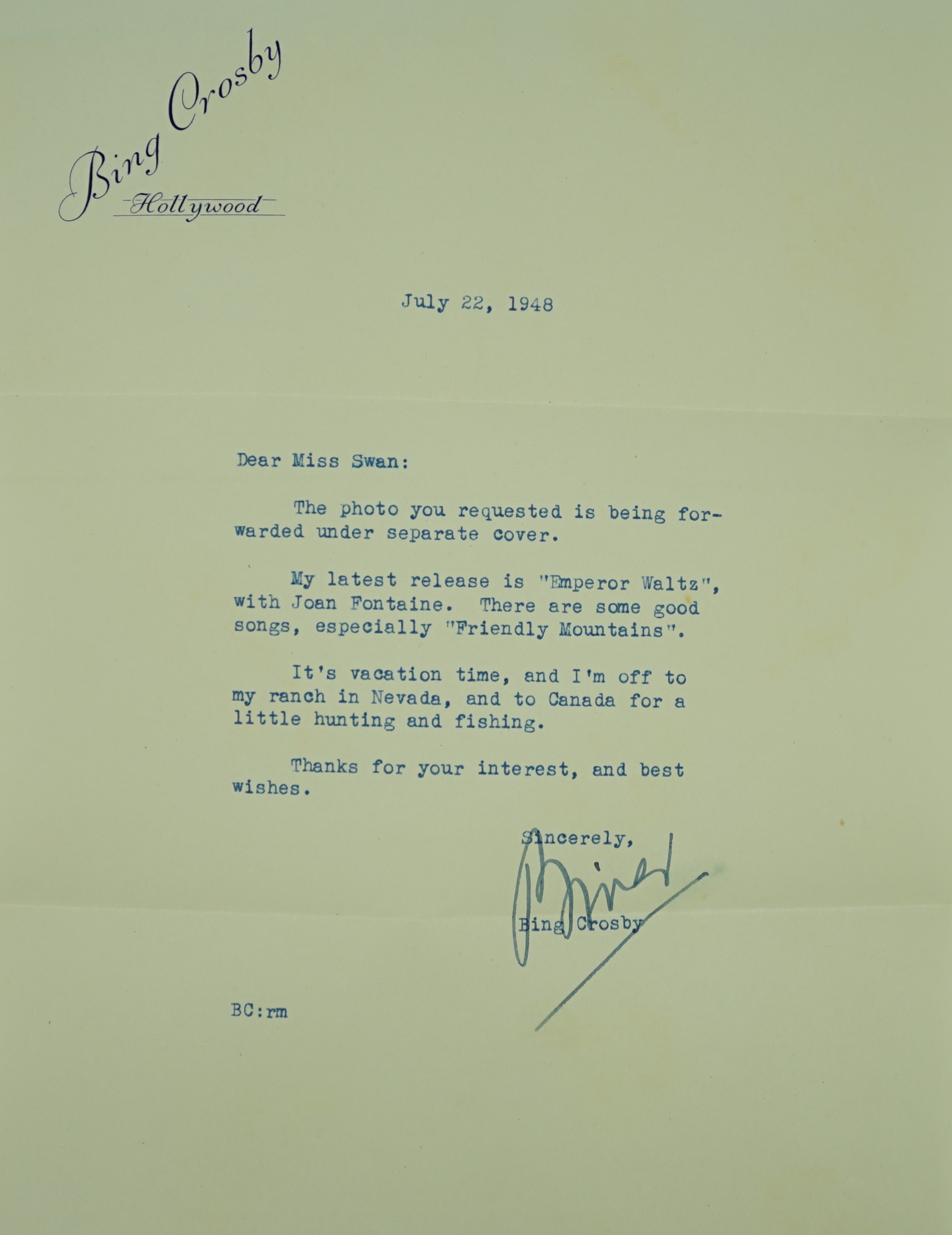 Bing Crosby interest; a signed letter on headed notepaper with its original envelope bearing the same logo, the body of the letter and address on the envelope typed in blue and both dated 22 July 1948, together with a co